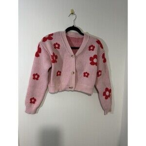 ROMWE Floral Knit Cardigan Sweater Pink Button V-Neck Long Sleeve M